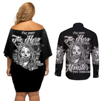 I'm Not The Hero You Want Couples Matching Off Shoulder Short Dress and Long Sleeve Button Shirt - Wonder Print Shop