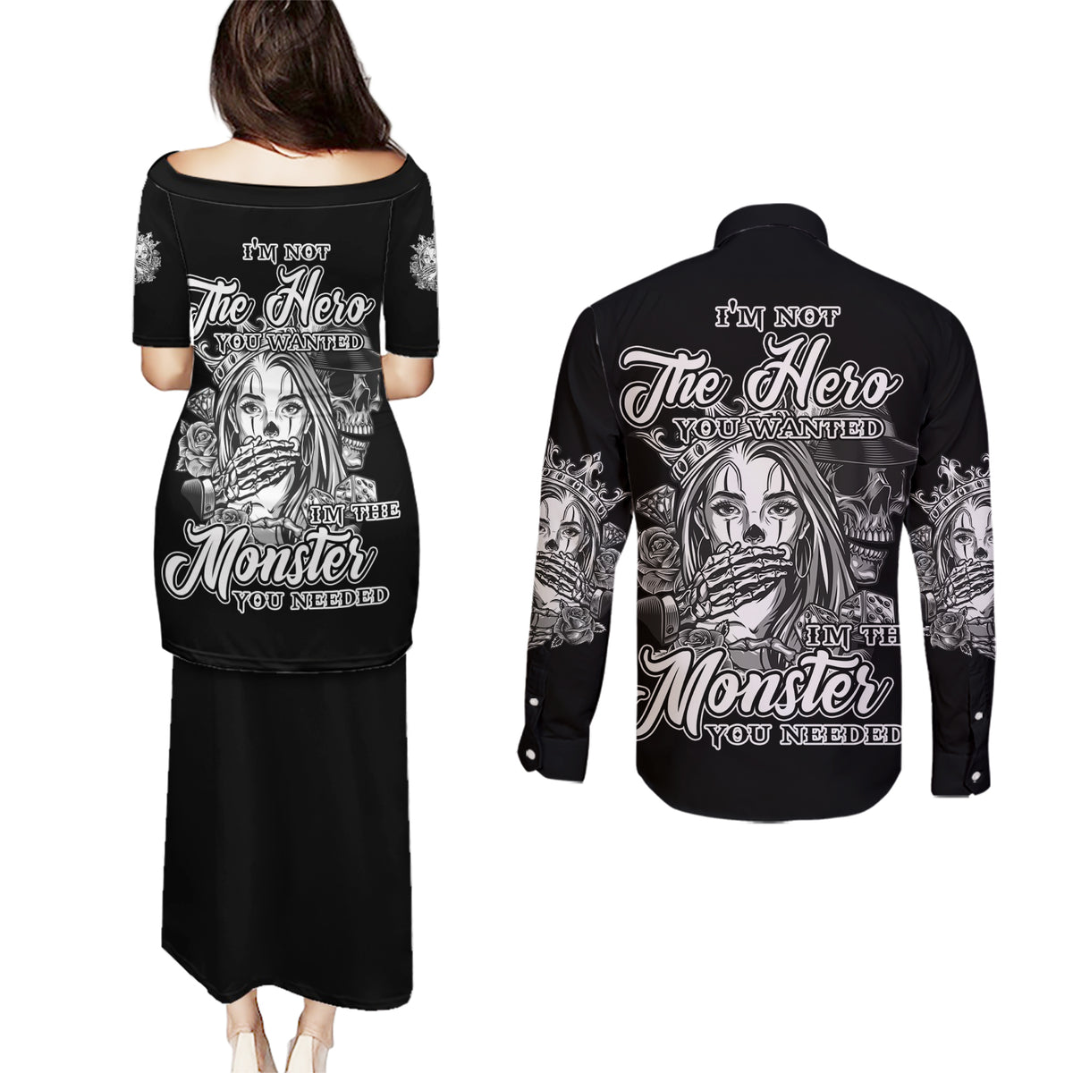 I'm Not The Hero You Want Couples Matching Puletasi Dress and Long Sleeve Button Shirt - Wonder Print Shop