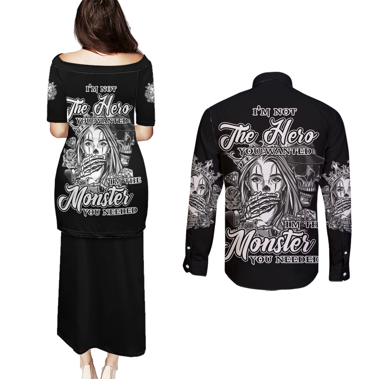 I'm Not The Hero You Want Couples Matching Puletasi Dress and Long Sleeve Button Shirt - Wonder Print Shop