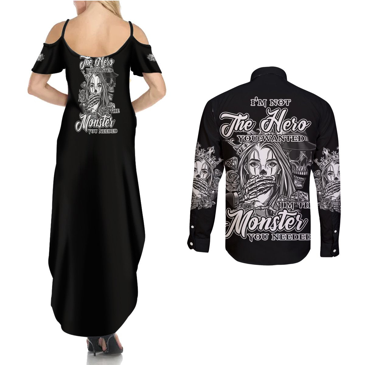 I'm Not The Hero You Want Couples Matching Summer Maxi Dress and Long Sleeve Button Shirt - Wonder Print Shop