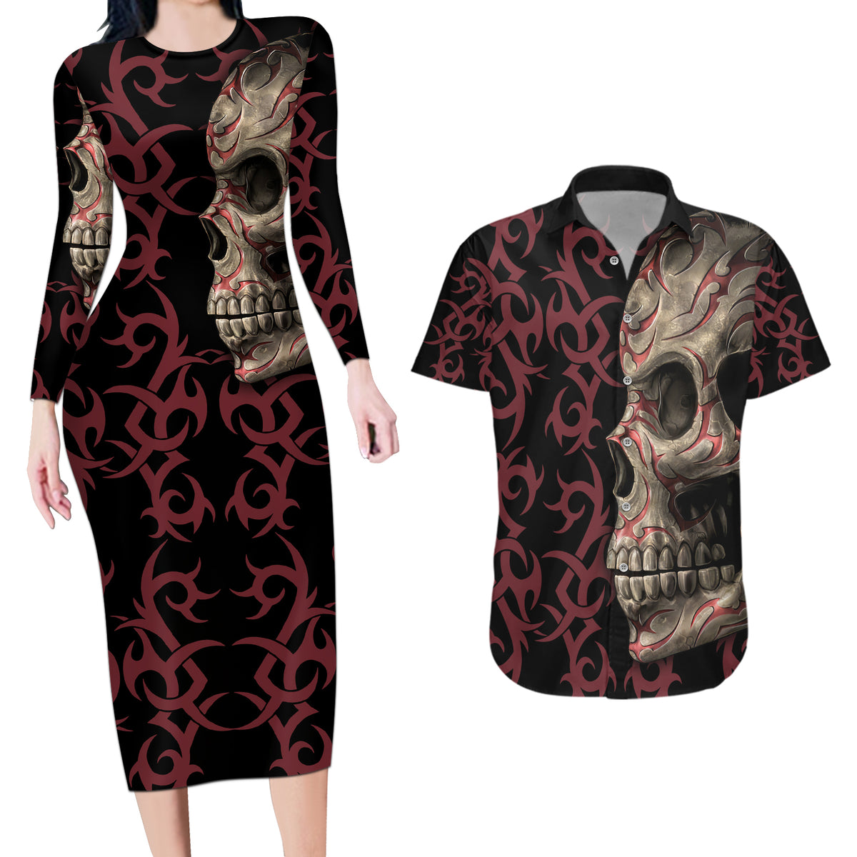 Zero F Given Skull Couples Matching Long Sleeve Bodycon Dress and Hawaiian Shirt - Wonder Print Shop
