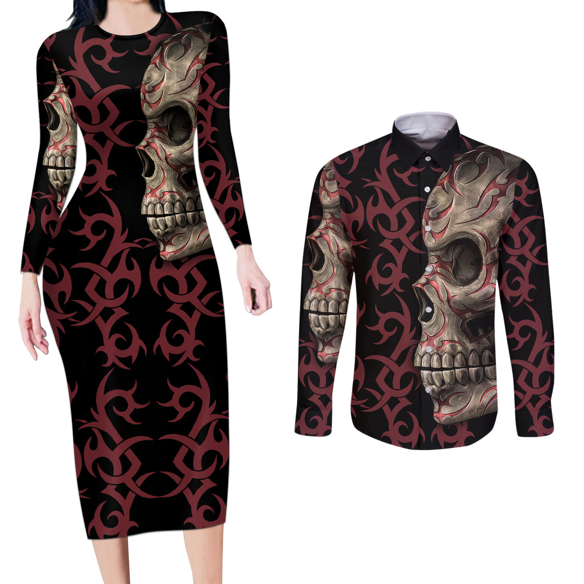 Zero F Given Skull Couples Matching Long Sleeve Bodycon Dress and Long Sleeve Button Shirt - Wonder Print Shop