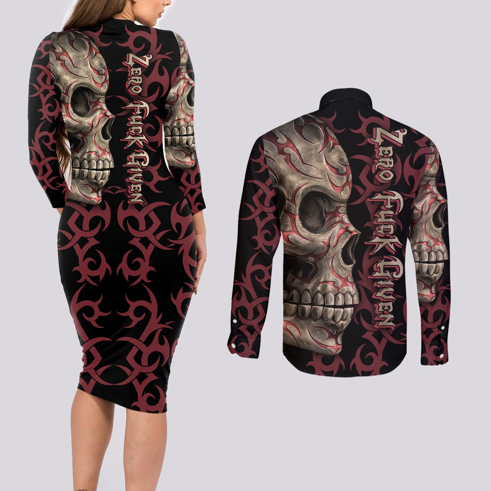 Zero F Given Skull Couples Matching Long Sleeve Bodycon Dress and Long Sleeve Button Shirt - Wonder Print Shop
