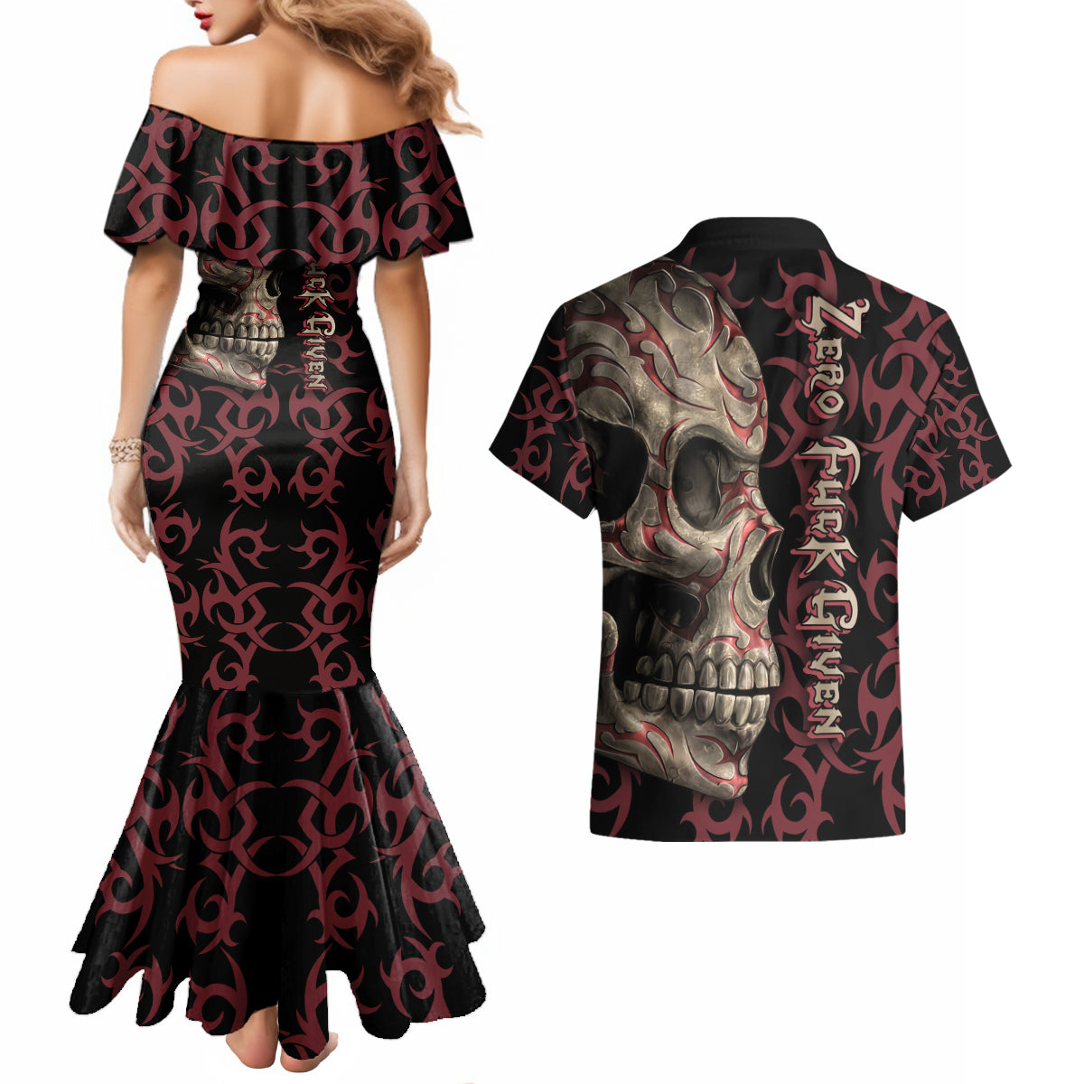 Zero F Given Skull Couples Matching Mermaid Dress and Hawaiian Shirt - Wonder Print Shop