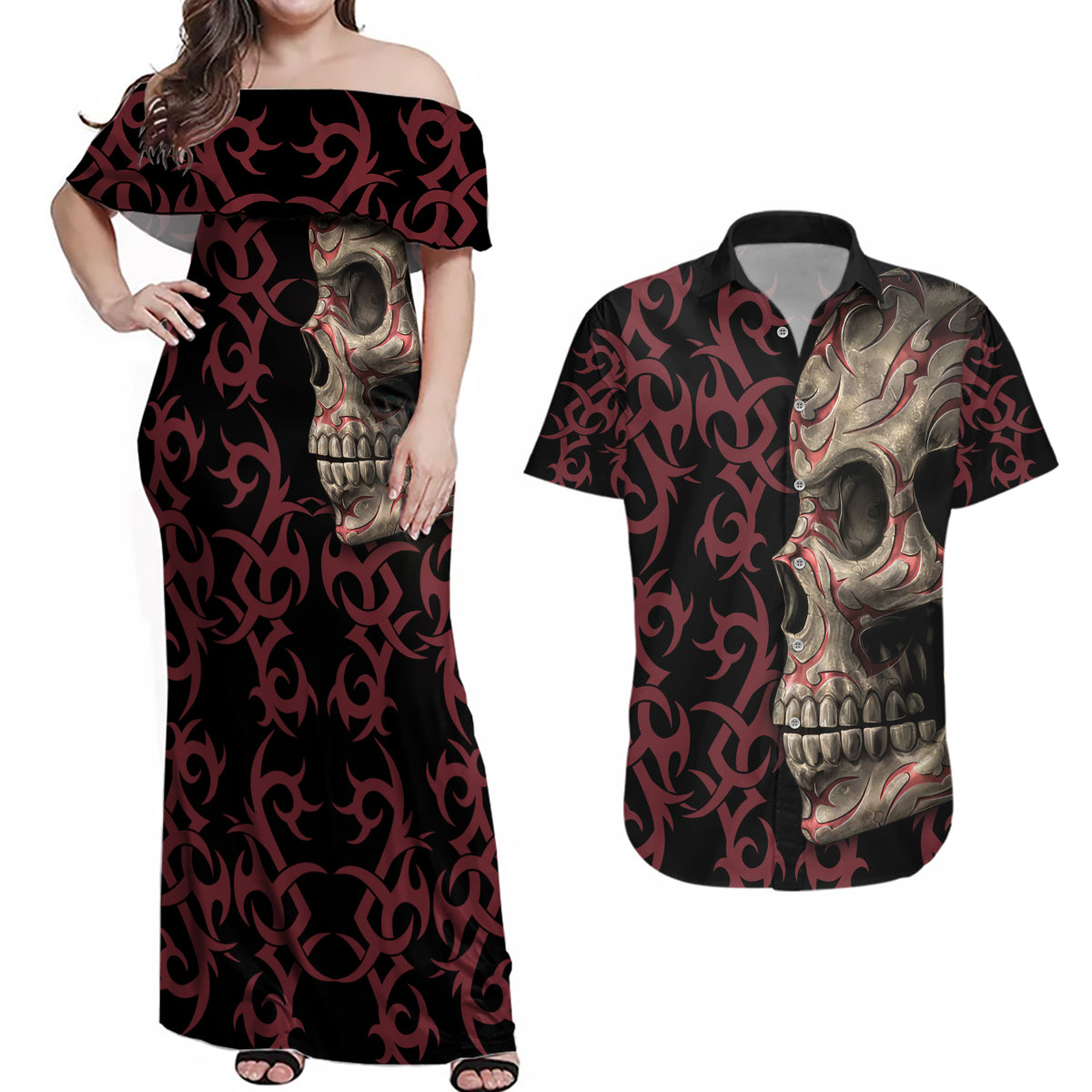 Zero F Given Skull Couples Matching Off Shoulder Maxi Dress and Hawaiian Shirt - Wonder Print Shop