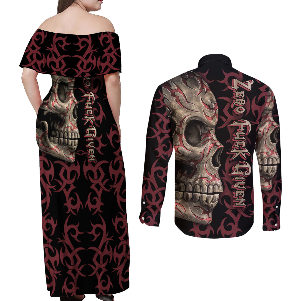 Zero F Given Skull Couples Matching Off Shoulder Maxi Dress and Long Sleeve Button Shirt - Wonder Print Shop