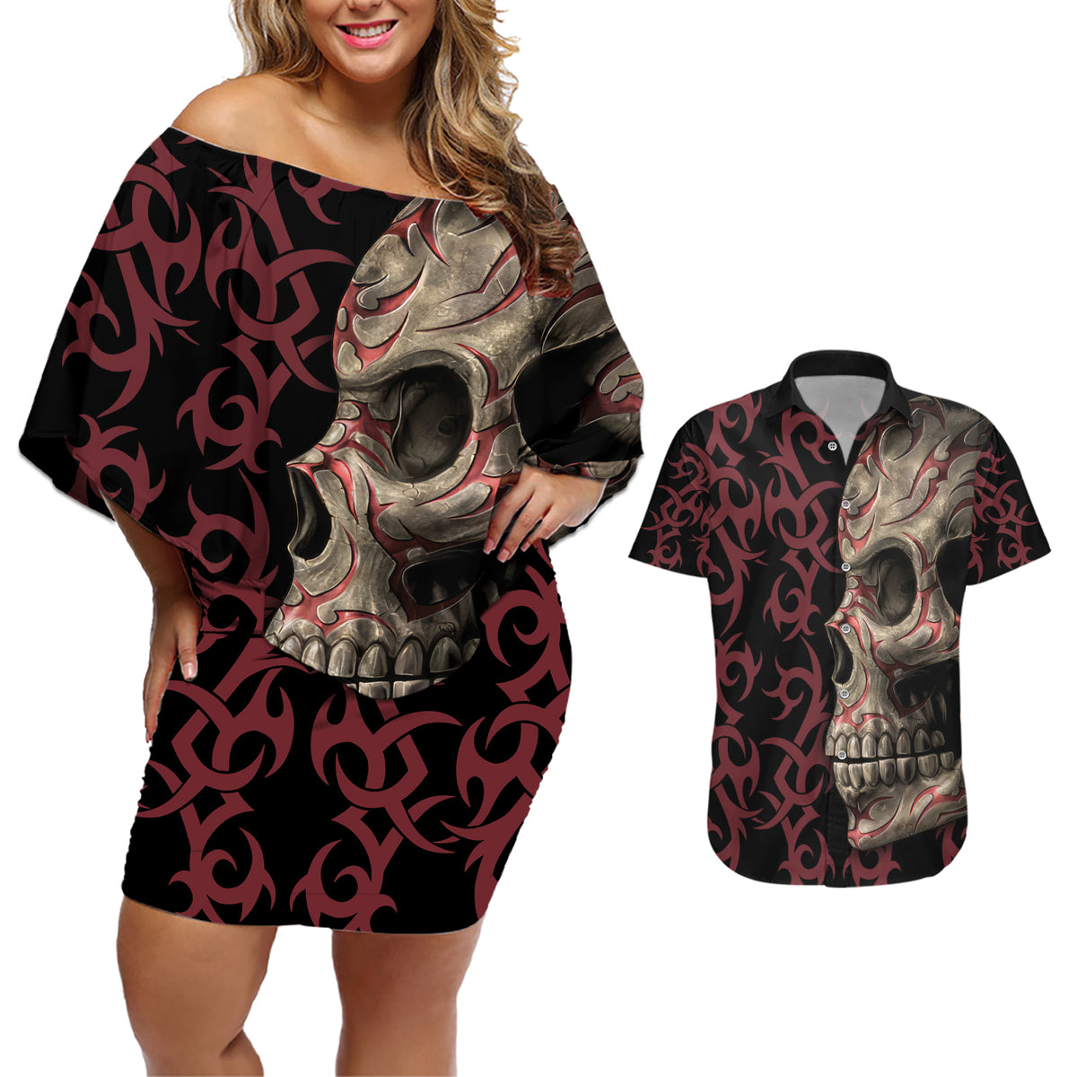 Zero F Given Skull Couples Matching Off Shoulder Short Dress and Hawaiian Shirt - Wonder Print Shop