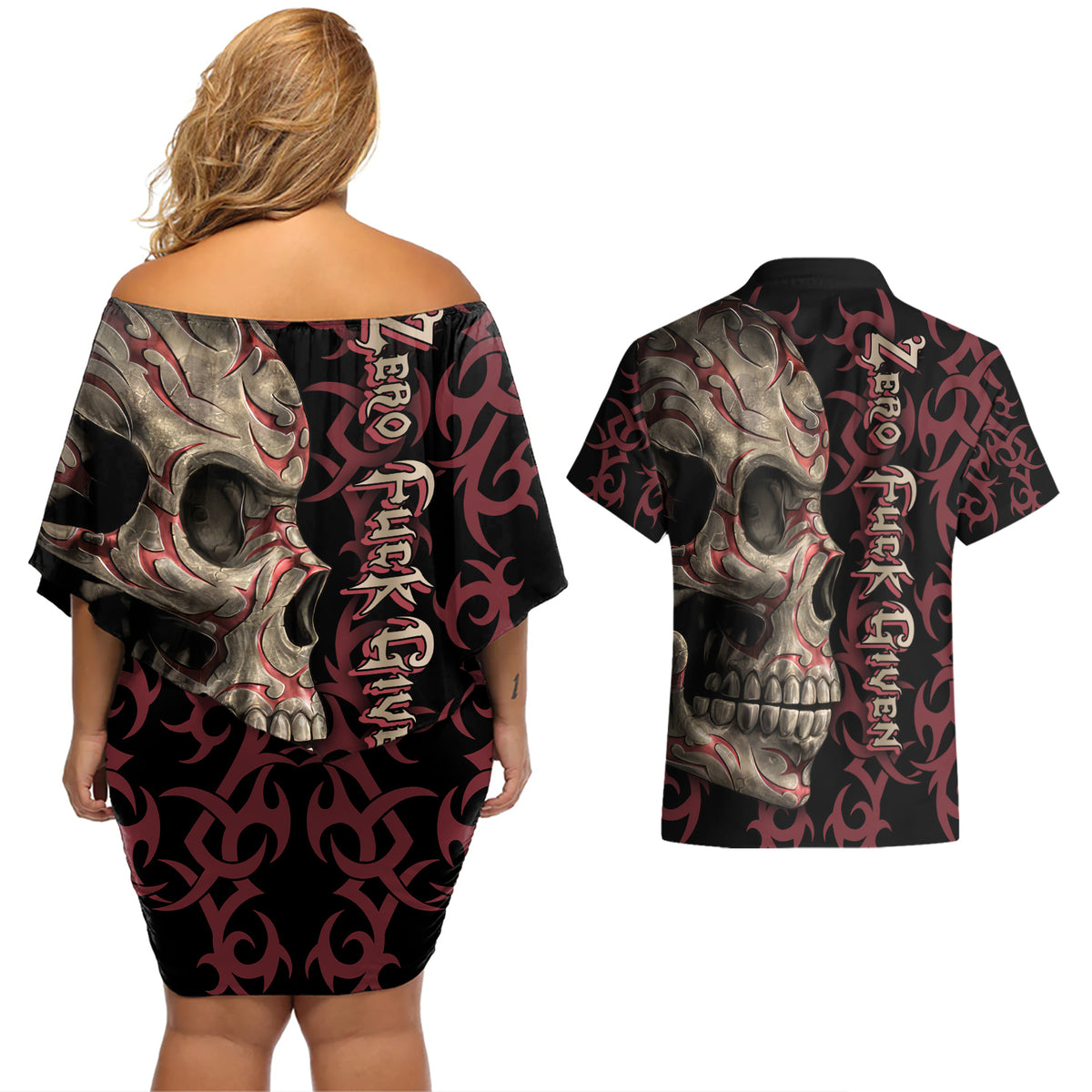 Zero F Given Skull Couples Matching Off Shoulder Short Dress and Hawaiian Shirt - Wonder Print Shop