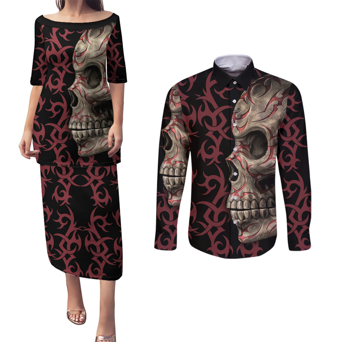 Zero F Given Skull Couples Matching Puletasi Dress and Long Sleeve Button Shirt - Wonder Print Shop