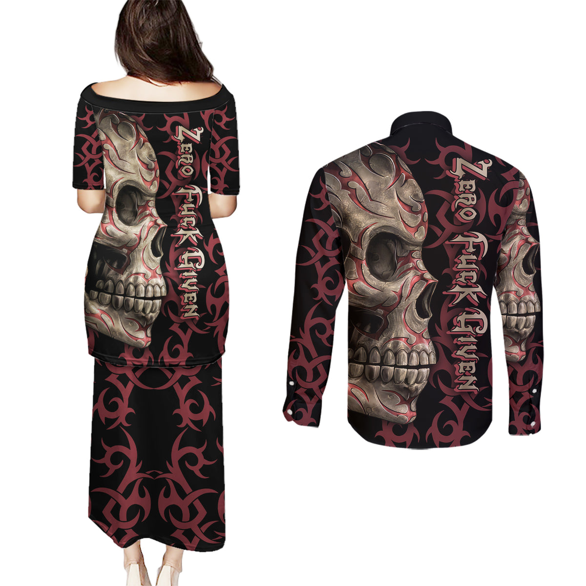 Zero F Given Skull Couples Matching Puletasi Dress and Long Sleeve Button Shirt - Wonder Print Shop