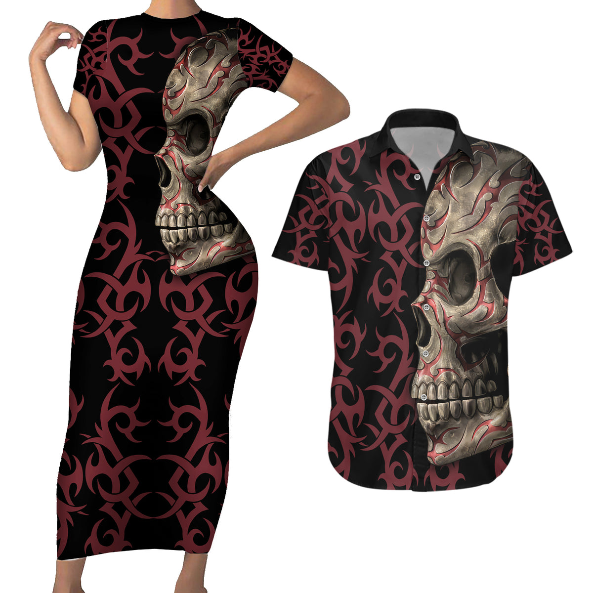 Zero F Given Skull Couples Matching Short Sleeve Bodycon Dress and Hawaiian Shirt - Wonder Print Shop