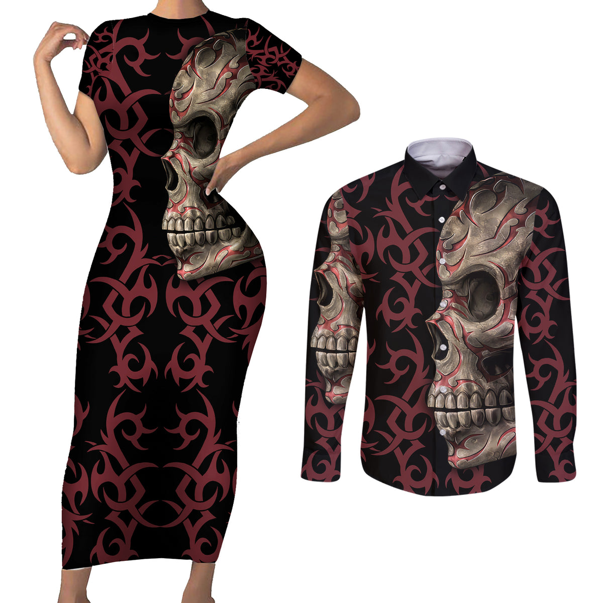 Zero F Given Skull Couples Matching Short Sleeve Bodycon Dress and Long Sleeve Button Shirt - Wonder Print Shop