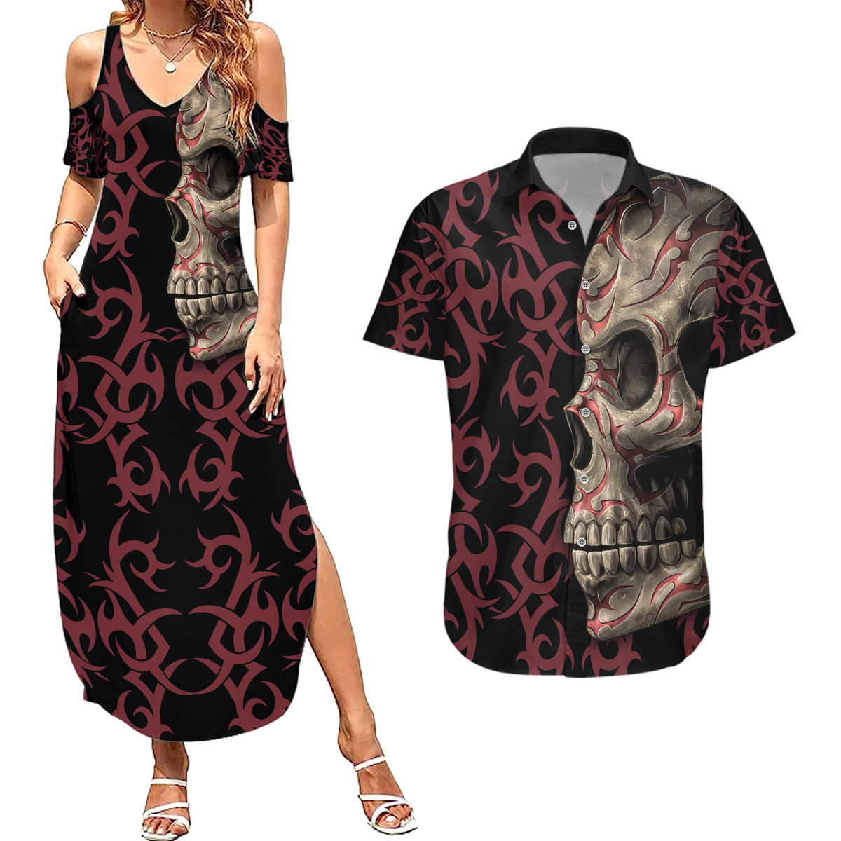 Zero F Given Skull Couples Matching Summer Maxi Dress and Hawaiian Shirt - Wonder Print Shop