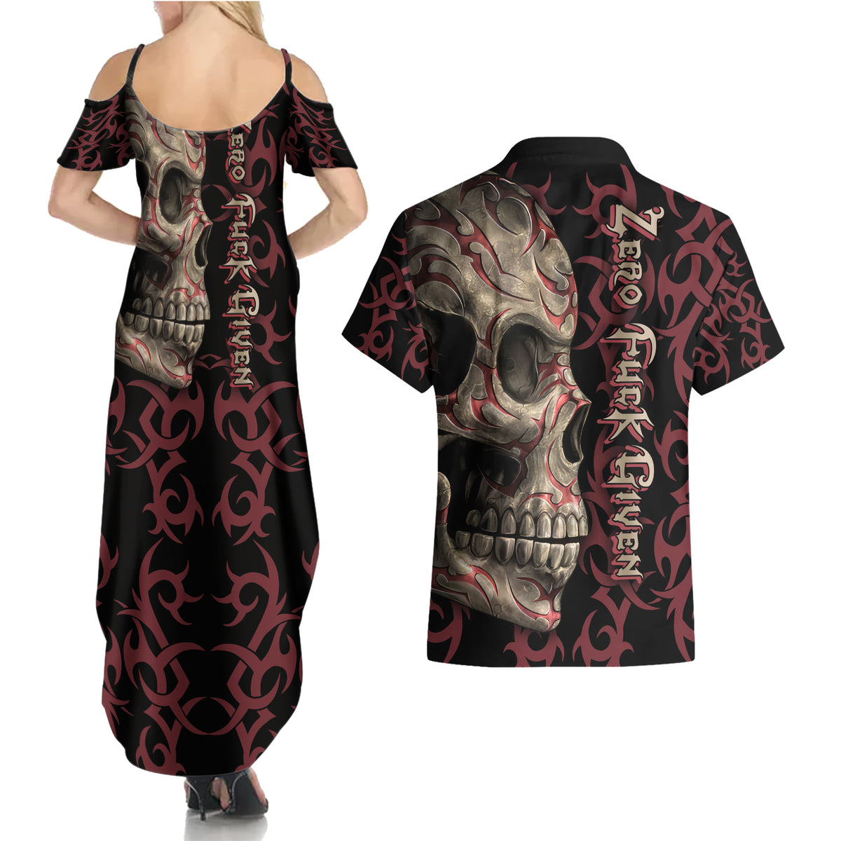 Zero F Given Skull Couples Matching Summer Maxi Dress and Hawaiian Shirt - Wonder Print Shop