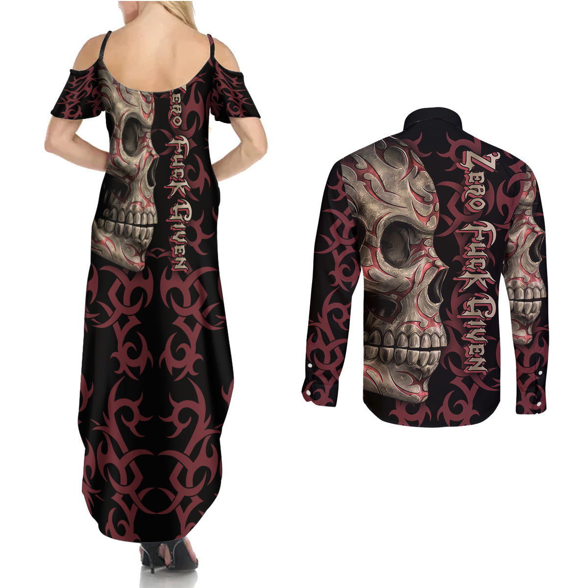 Zero F Given Skull Couples Matching Summer Maxi Dress and Long Sleeve Button Shirt - Wonder Print Shop