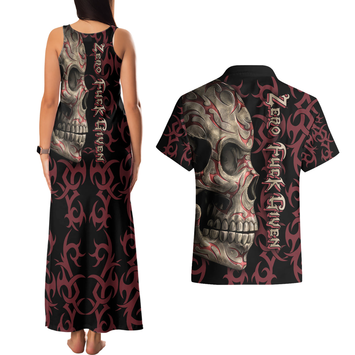 Zero F Given Skull Couples Matching Tank Maxi Dress and Hawaiian Shirt - Wonder Print Shop