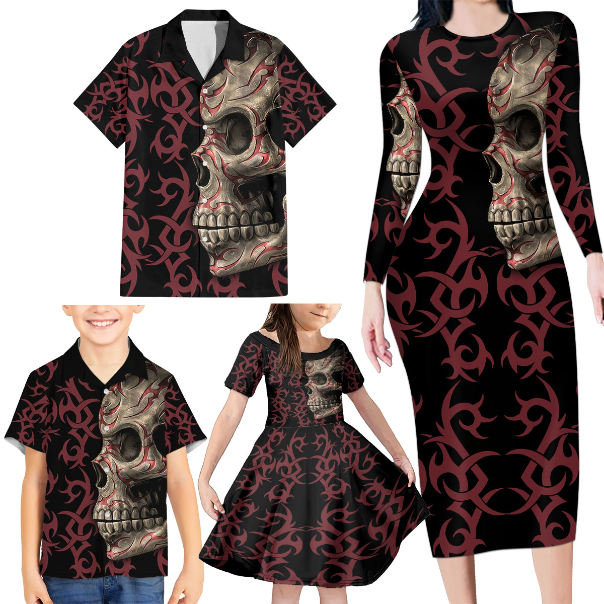 Zero F Given Skull Family Matching Long Sleeve Bodycon Dress and Hawaiian Shirt - Wonder Print Shop