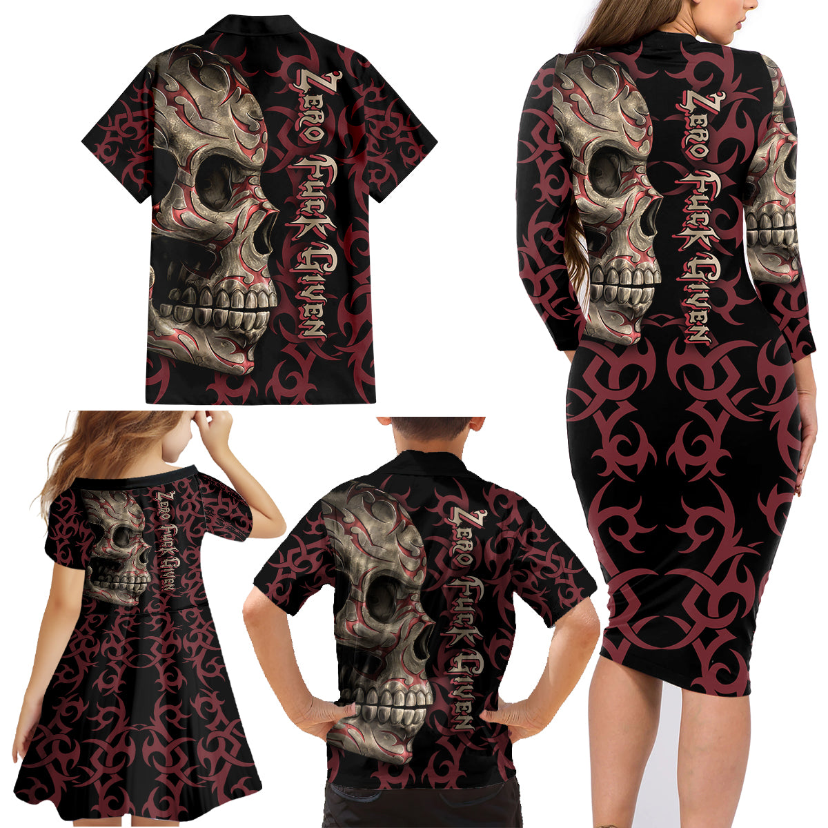 Zero F Given Skull Family Matching Long Sleeve Bodycon Dress and Hawaiian Shirt - Wonder Print Shop