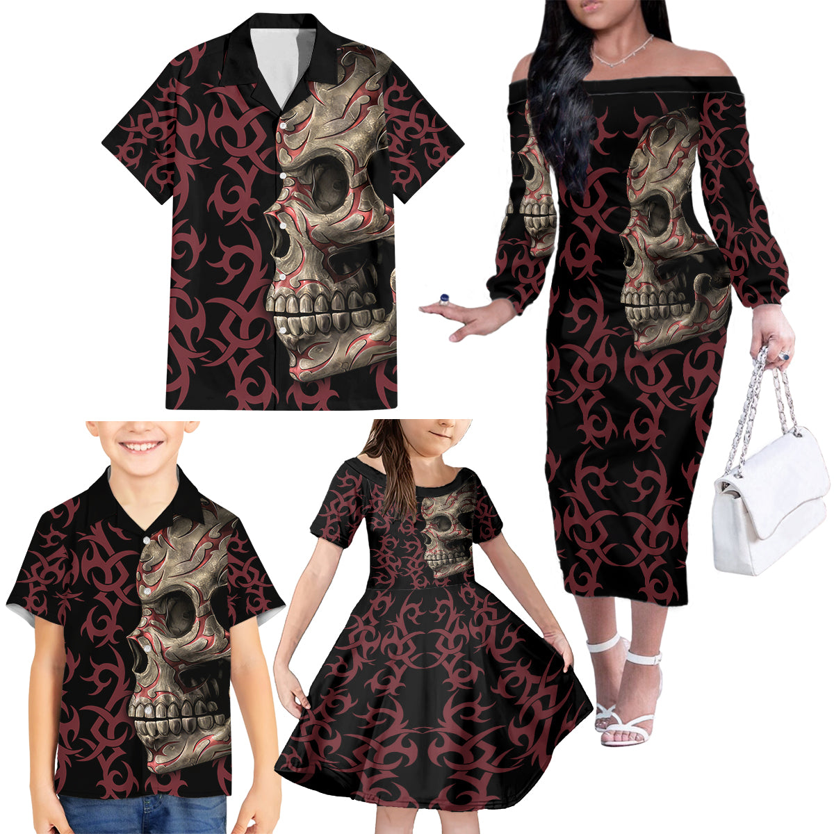 Zero F Given Skull Family Matching Off Shoulder Long Sleeve Dress and Hawaiian Shirt - Wonder Print Shop