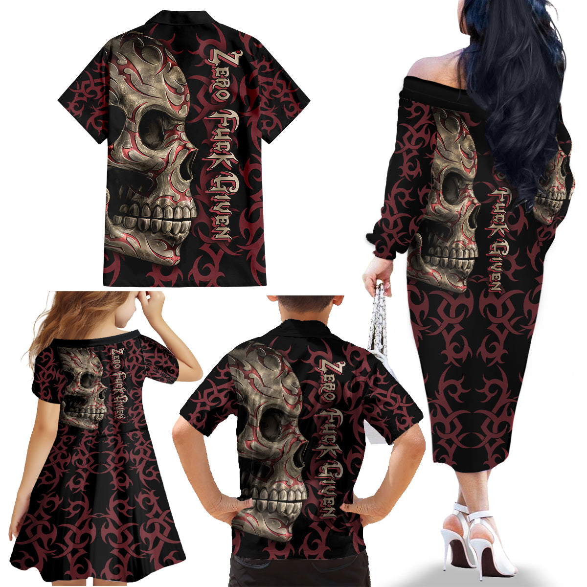 Zero F Given Skull Family Matching Off Shoulder Long Sleeve Dress and Hawaiian Shirt - Wonder Print Shop