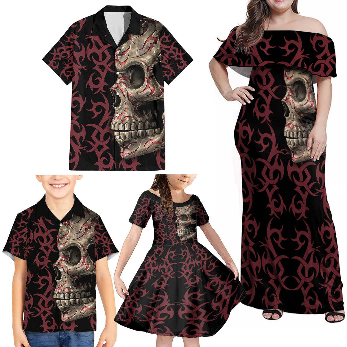 Zero F Given Skull Family Matching Off Shoulder Maxi Dress and Hawaiian Shirt - Wonder Print Shop