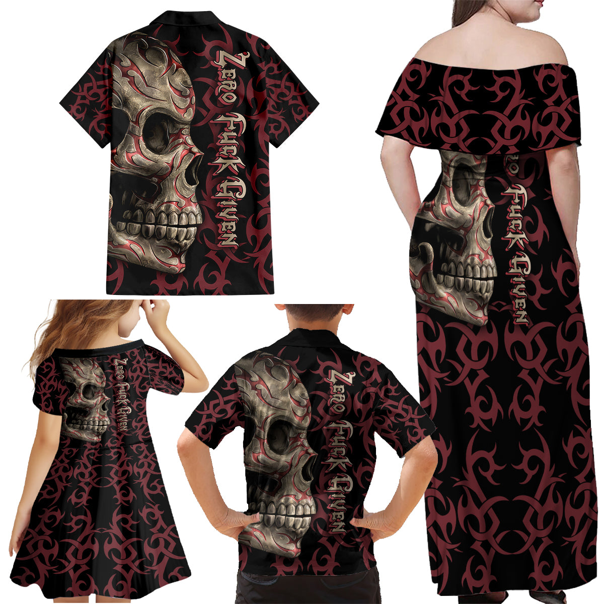 Zero F Given Skull Family Matching Off Shoulder Maxi Dress and Hawaiian Shirt - Wonder Print Shop