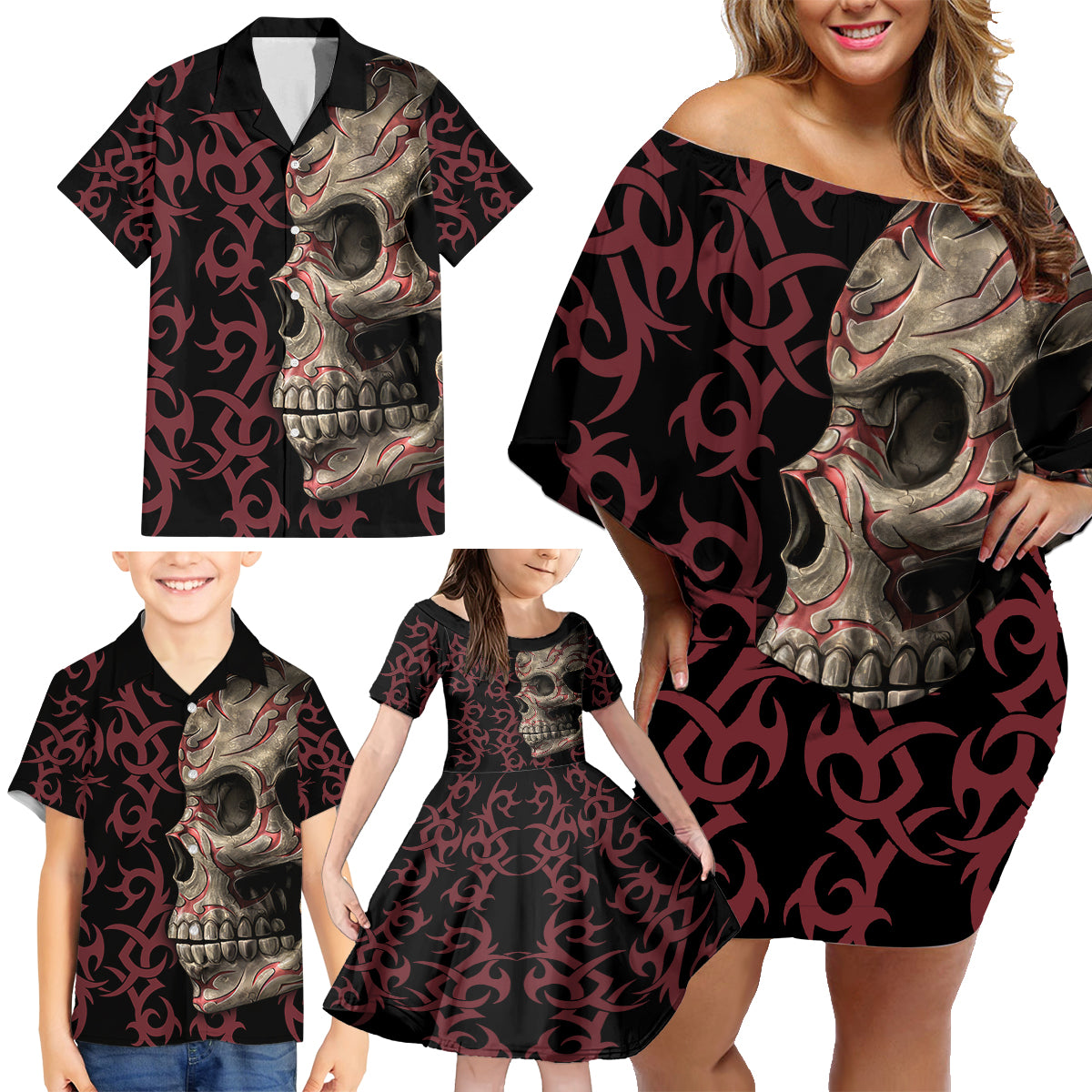 Zero F Given Skull Family Matching Off Shoulder Short Dress and Hawaiian Shirt - Wonder Print Shop