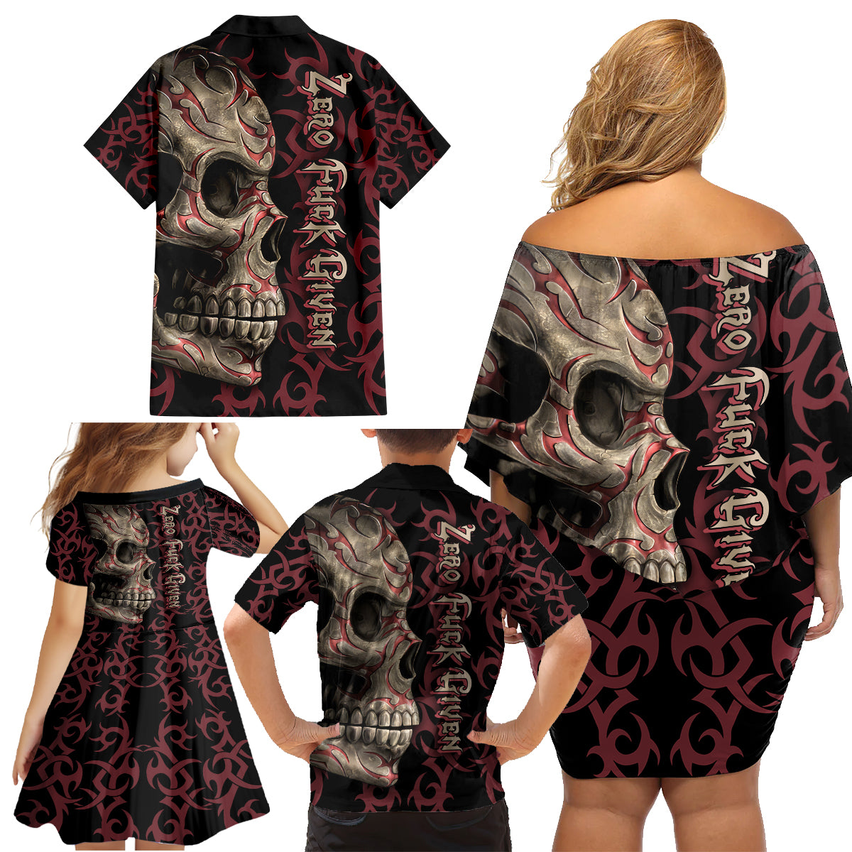 Zero F Given Skull Family Matching Off Shoulder Short Dress and Hawaiian Shirt - Wonder Print Shop