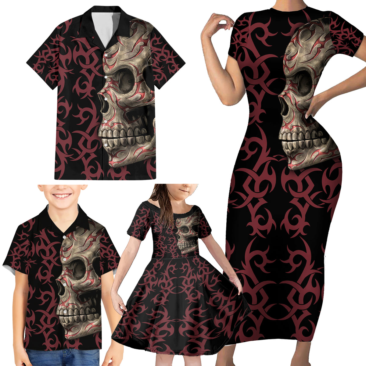 Zero F Given Skull Family Matching Short Sleeve Bodycon Dress and Hawaiian Shirt - Wonder Print Shop
