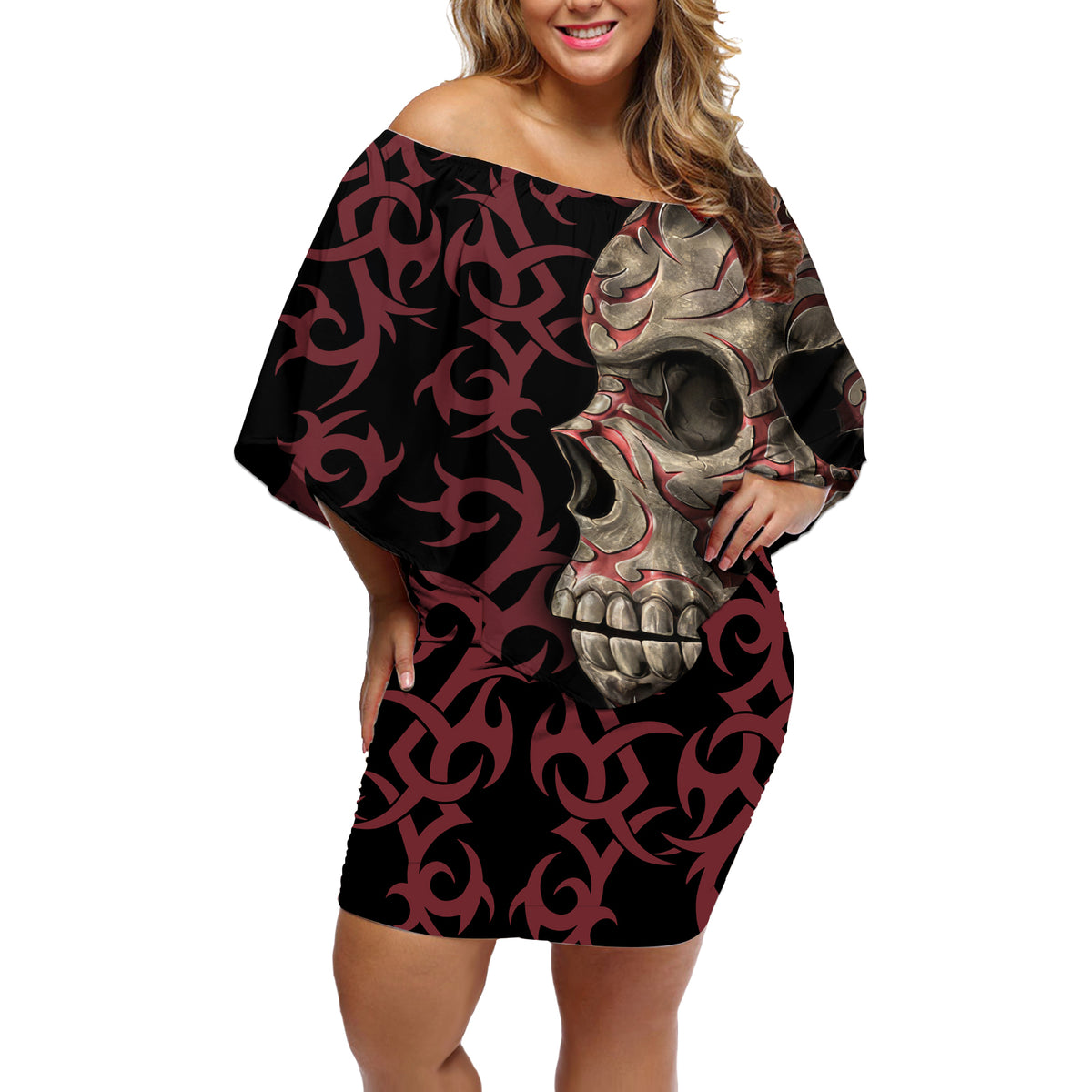 Zero F Given Skull Off Shoulder Short Dress - Wonder Print Shop