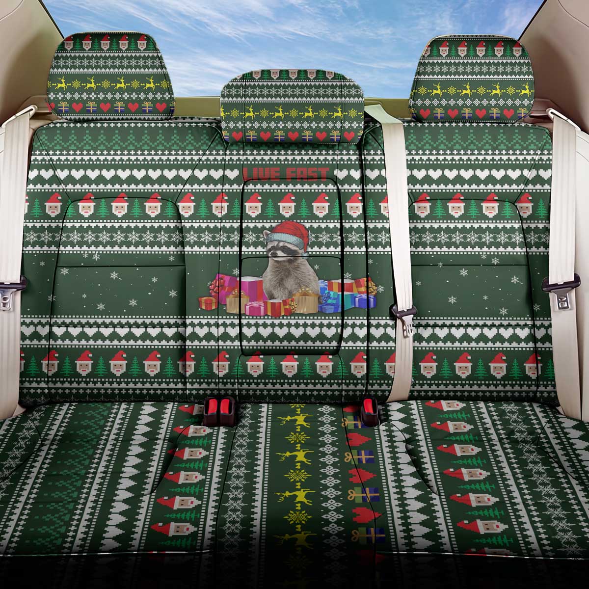 Sloth Christmas Back Car Seat Cover with Santa Hat, Presents, and Festive Pattern - Wonder Print Shop