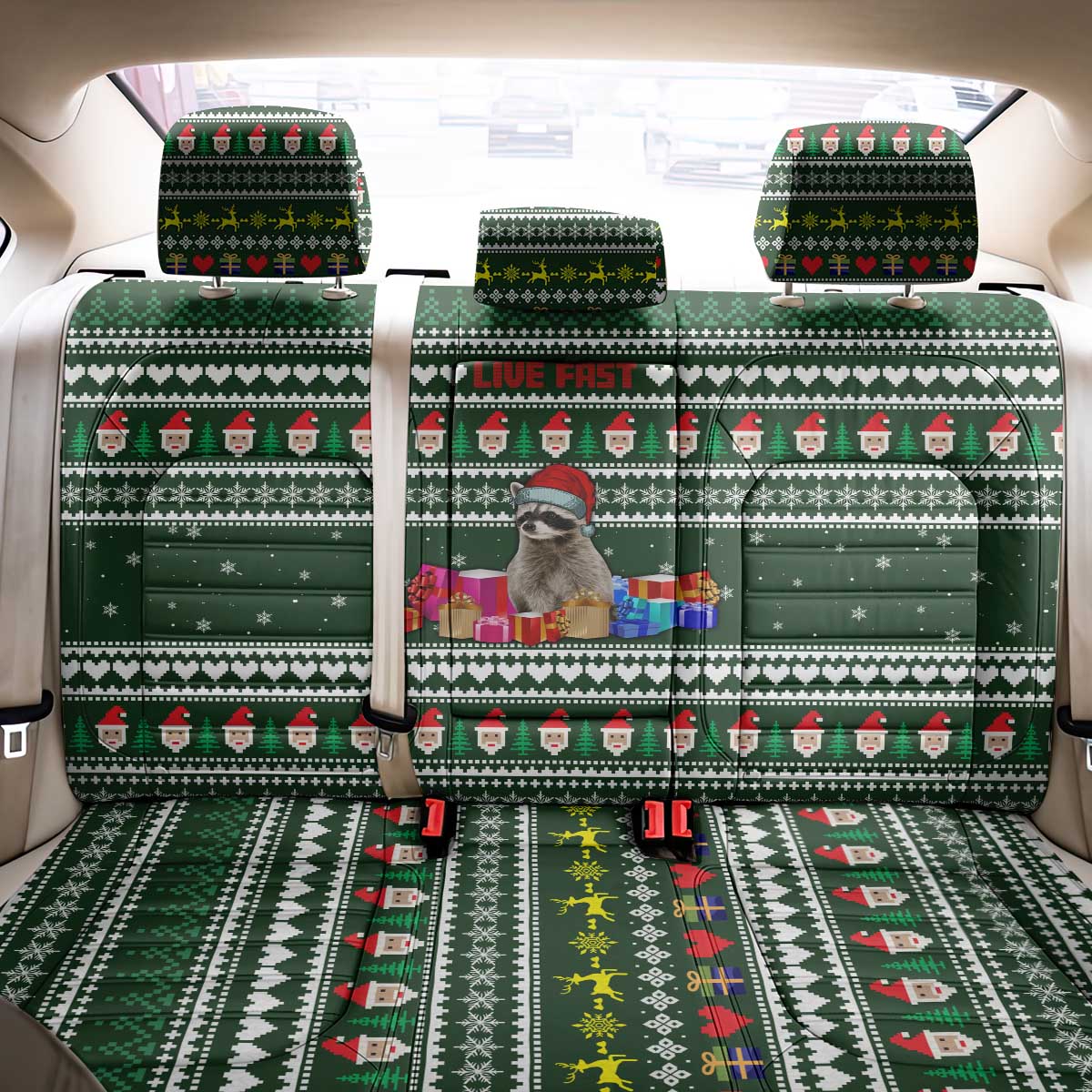 Sloth Christmas Back Car Seat Cover with Santa Hat, Presents, and Festive Pattern - Wonder Print Shop