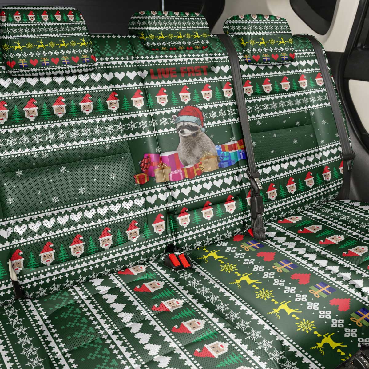 Sloth Christmas Back Car Seat Cover with Santa Hat, Presents, and Festive Pattern - Wonder Print Shop