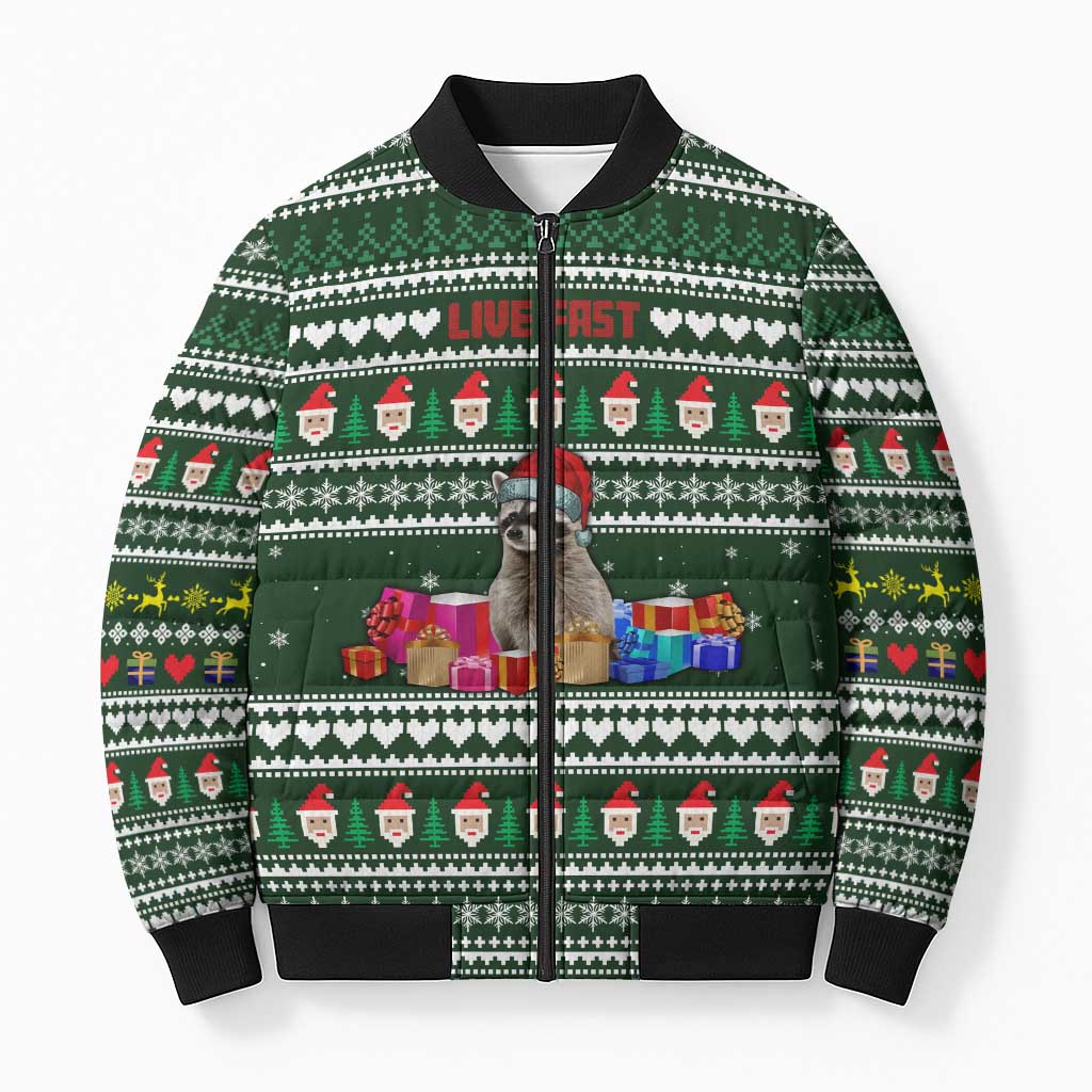 Sloth Christmas Bomber Puffer Jacket with Santa Hat, Presents, and Festive Pattern - Wonder Print Shop