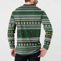 Sloth Christmas Button Sweatshirt with Santa Hat, Presents, and Festive Pattern - Wonder Print Shop