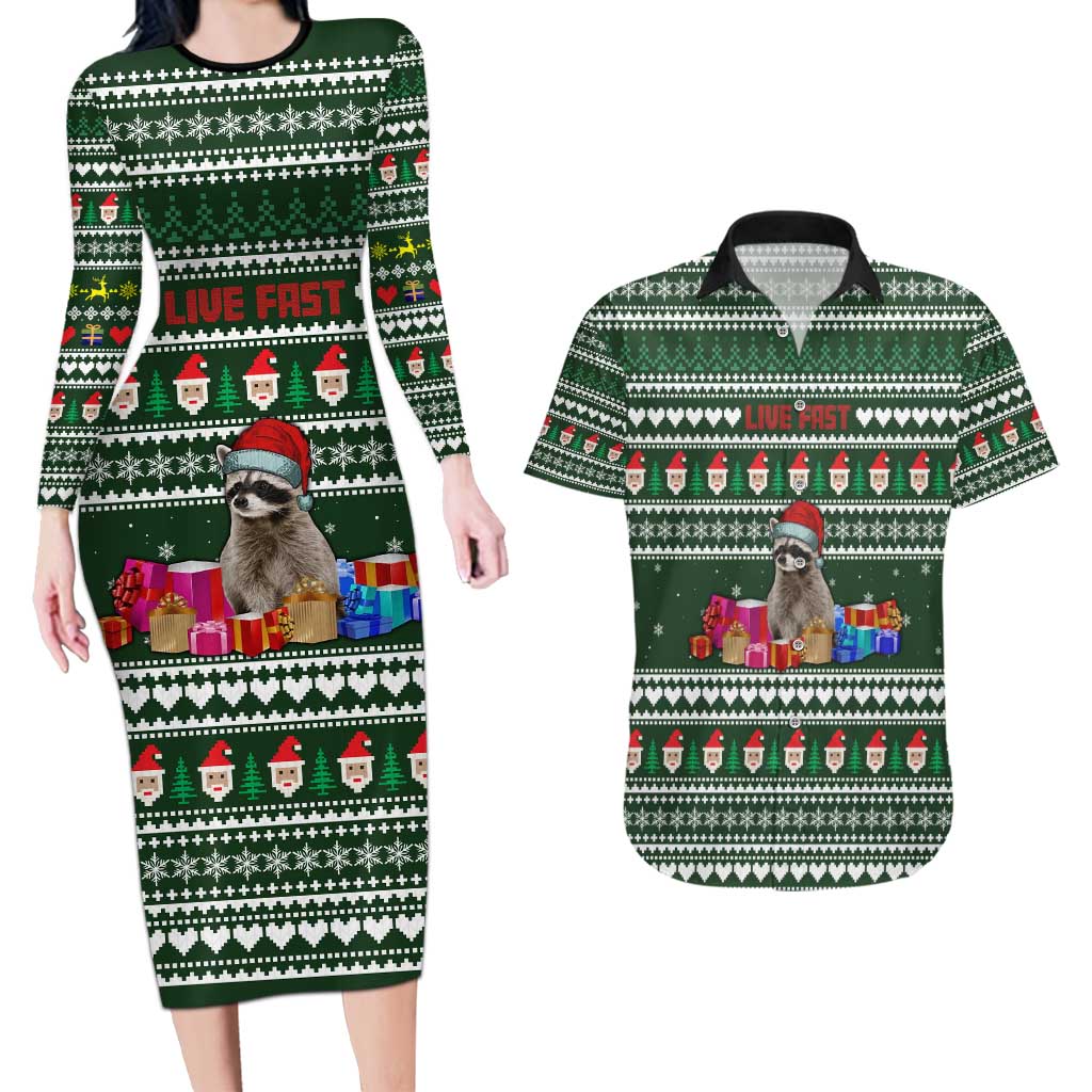 Sloth Christmas Couples Matching Long Sleeve Bodycon Dress and Hawaiian Shirt with Santa Hat, Presents, and Festive Pattern - Wonder Print Shop