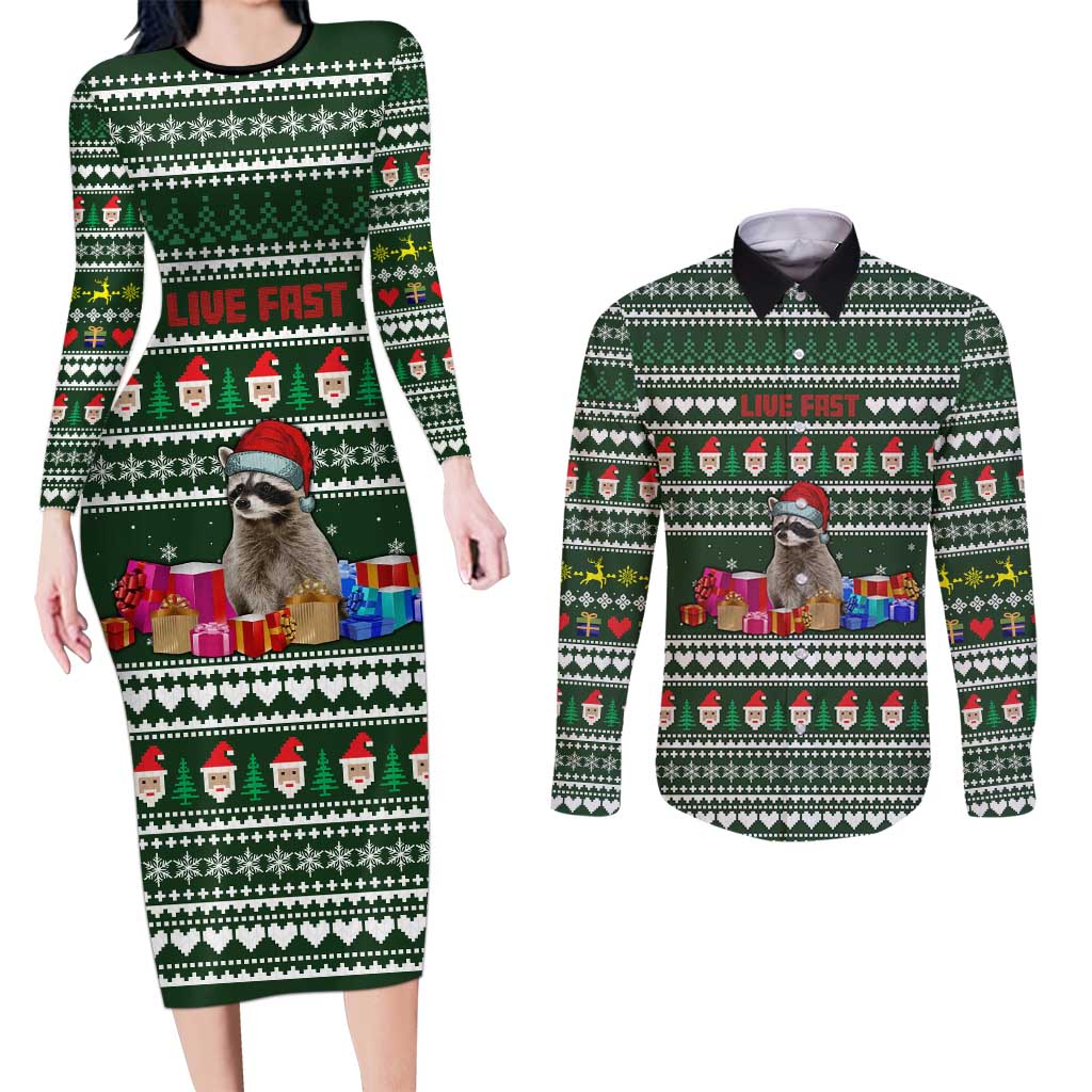 Sloth Christmas Couples Matching Long Sleeve Bodycon Dress and Long Sleeve Button Shirt with Santa Hat, Presents, and Festive Pattern - Wonder Print Shop