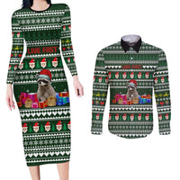 Sloth Christmas Couples Matching Long Sleeve Bodycon Dress and Long Sleeve Button Shirt with Santa Hat, Presents, and Festive Pattern - Wonder Print Shop