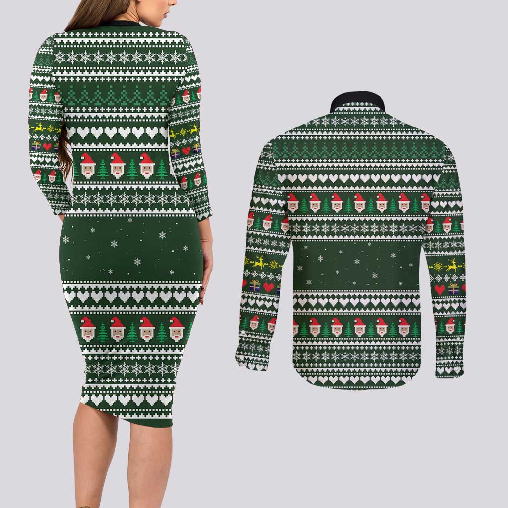 Sloth Christmas Couples Matching Long Sleeve Bodycon Dress and Long Sleeve Button Shirt with Santa Hat, Presents, and Festive Pattern - Wonder Print Shop