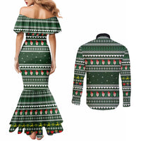 Sloth Christmas Couples Matching Mermaid Dress and Long Sleeve Button Shirt with Santa Hat, Presents, and Festive Pattern - Wonder Print Shop