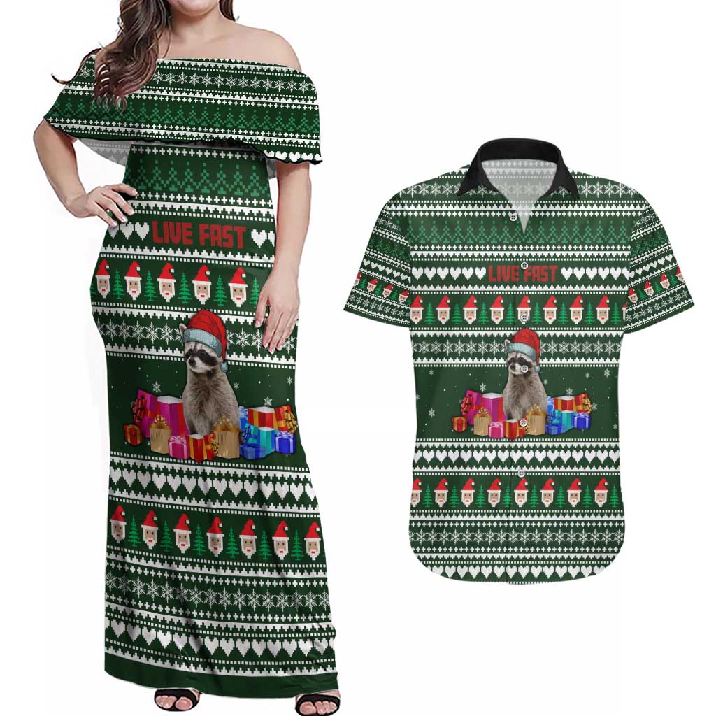 Sloth Christmas Couples Matching Off Shoulder Maxi Dress and Hawaiian Shirt with Santa Hat, Presents, and Festive Pattern - Wonder Print Shop