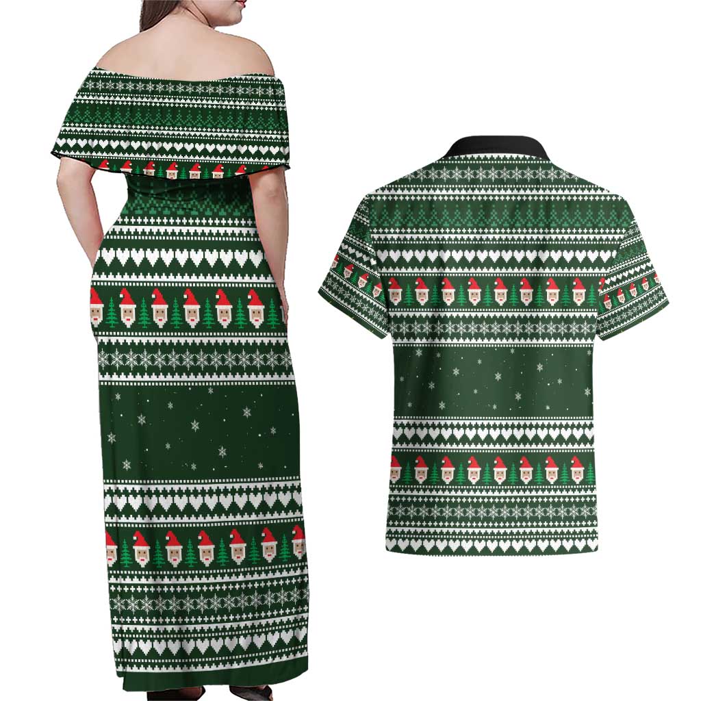 Sloth Christmas Couples Matching Off Shoulder Maxi Dress and Hawaiian Shirt with Santa Hat, Presents, and Festive Pattern - Wonder Print Shop