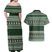 Sloth Christmas Couples Matching Off Shoulder Maxi Dress and Hawaiian Shirt with Santa Hat, Presents, and Festive Pattern - Wonder Print Shop