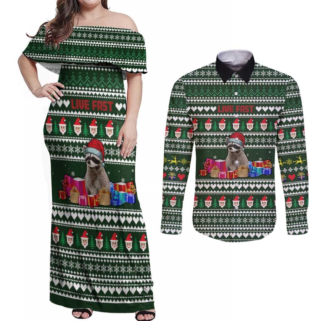 Sloth Christmas Couples Matching Off Shoulder Maxi Dress and Long Sleeve Button Shirt with Santa Hat, Presents, and Festive Pattern - Wonder Print Shop