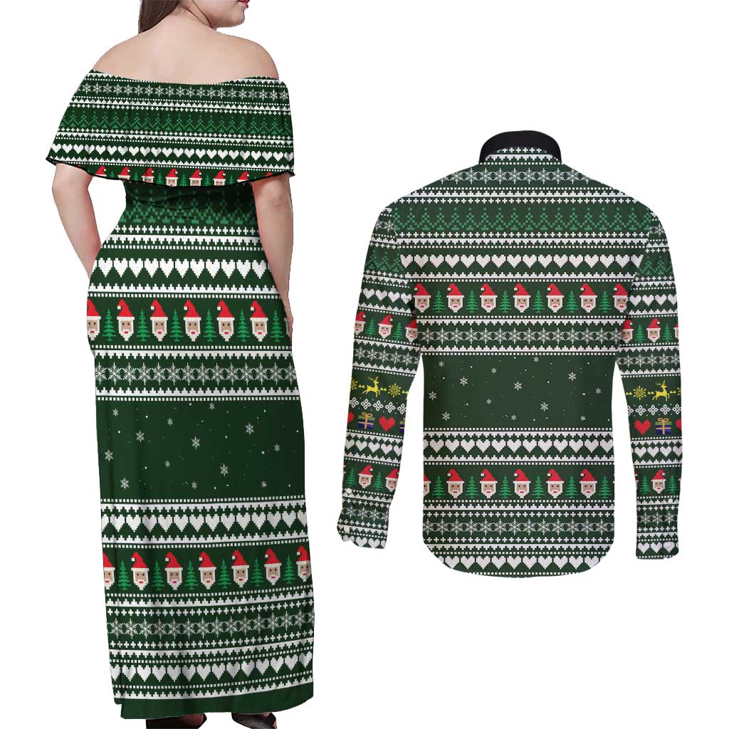 Sloth Christmas Couples Matching Off Shoulder Maxi Dress and Long Sleeve Button Shirt with Santa Hat, Presents, and Festive Pattern - Wonder Print Shop