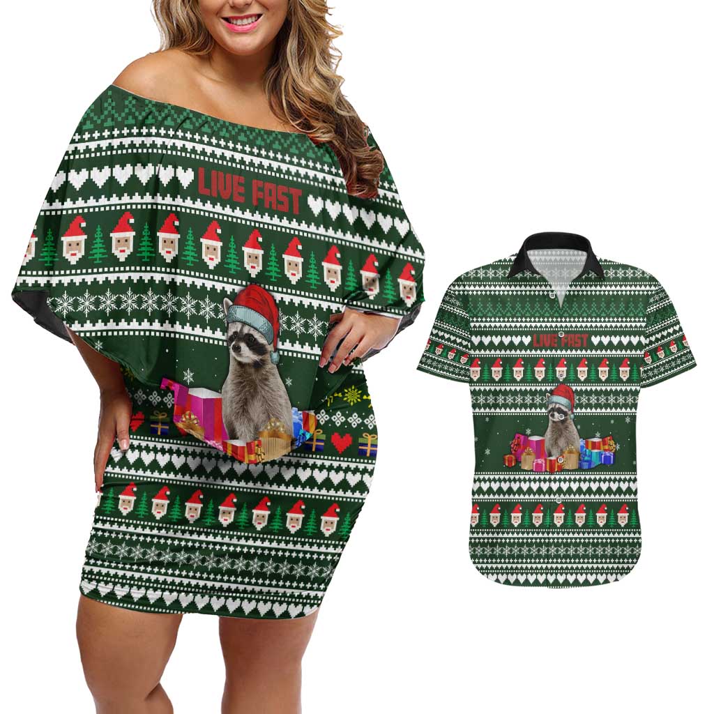 Sloth Christmas Couples Matching Off Shoulder Short Dress and Hawaiian Shirt with Santa Hat, Presents, and Festive Pattern - Wonder Print Shop
