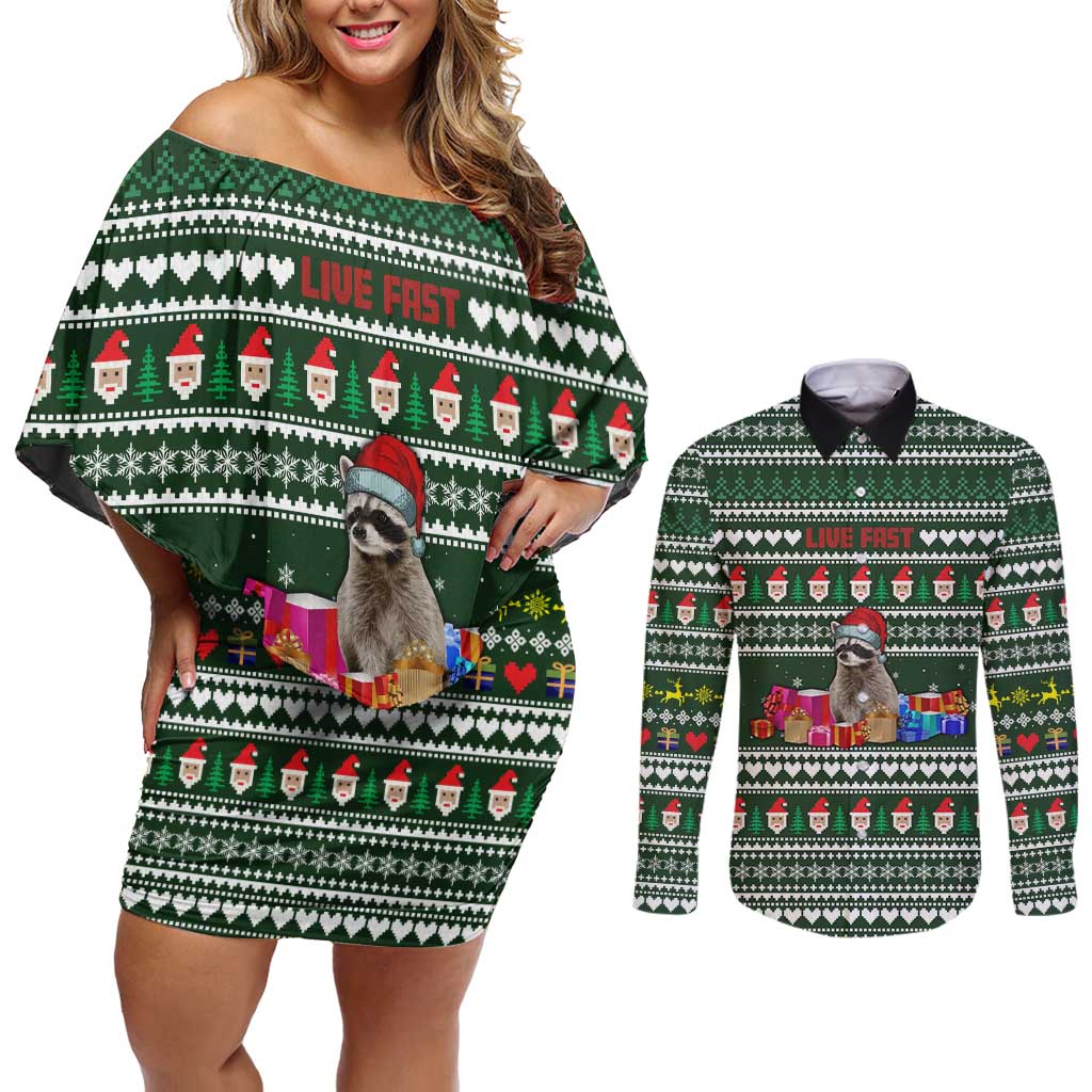 Sloth Christmas Couples Matching Off Shoulder Short Dress and Long Sleeve Button Shirt with Santa Hat, Presents, and Festive Pattern - Wonder Print Shop