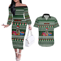 Sloth Christmas Couples Matching Off The Shoulder Long Sleeve Dress and Hawaiian Shirt with Santa Hat, Presents, and Festive Pattern - Wonder Print Shop