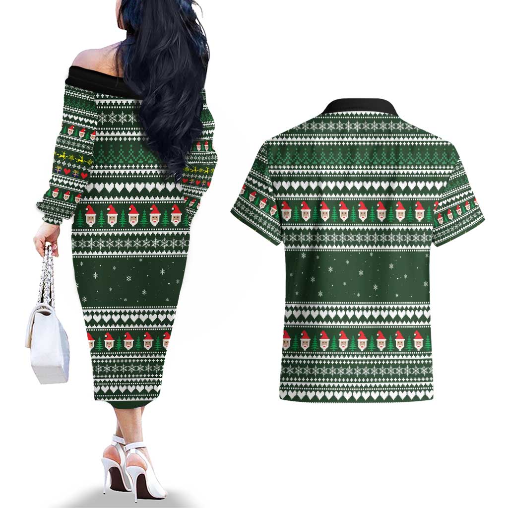 Sloth Christmas Couples Matching Off The Shoulder Long Sleeve Dress and Hawaiian Shirt with Santa Hat, Presents, and Festive Pattern - Wonder Print Shop