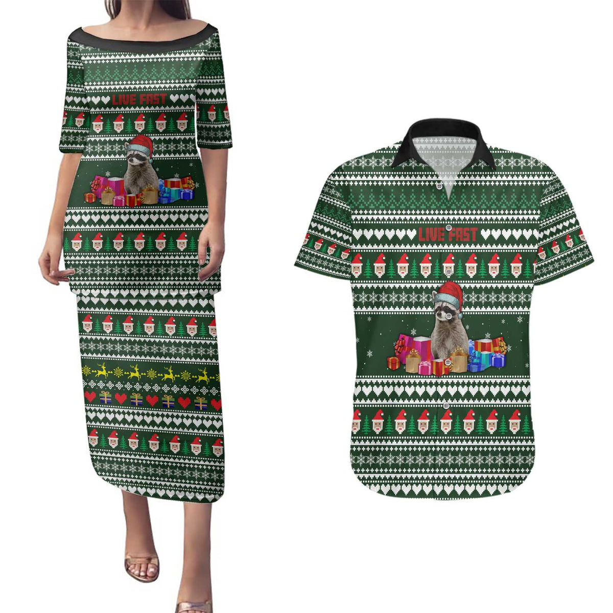 Sloth Christmas Couples Matching Puletasi and Hawaiian Shirt with Santa Hat, Presents, and Festive Pattern - Wonder Print Shop